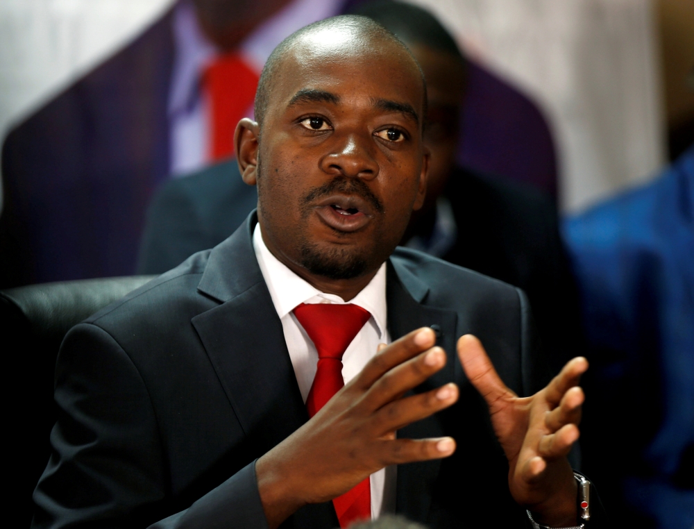 Opposition Movement For Democratic Change (MDC) party leader Nelson Chamisa gestures while addressing the media in a news conference in Harare in this Aug. 25, 2018 file photo. — Reuters
