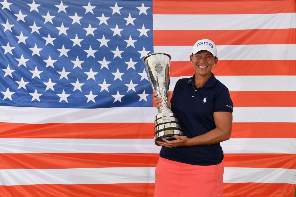 US golfer Angela Stanford poses with her trophy after winning the Evian Championship in the French Alps town of Evian-les-Bains Sunday. — AFP 