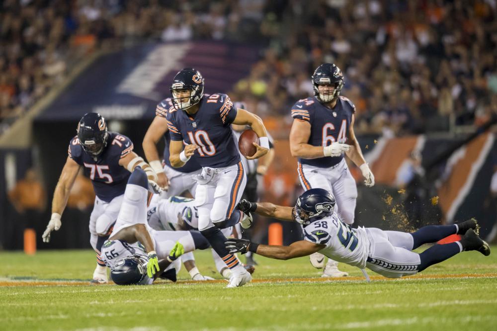 


Chicago Bears’ quarterback Mitchell Trubisky (No. 10) avoids a tackle by Seattle Seahawks’ linebacker Austin Calitro during their NFL at Soldier Field in Chicago Monday. — Reuters