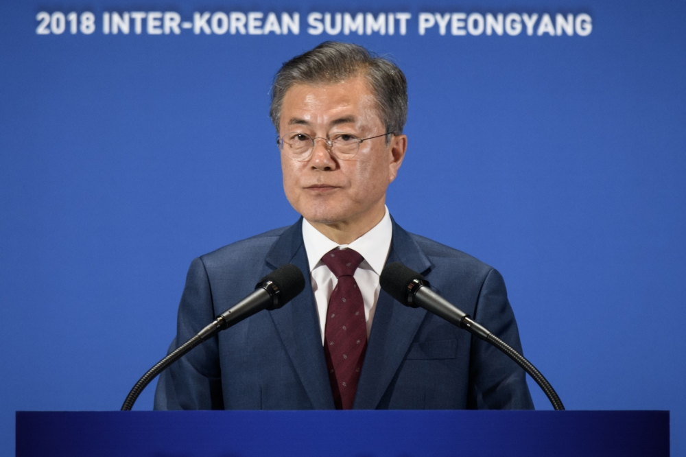 South Korean President Moon Jae-in speaks at an inter-Korean summit media center in Seoul on Thursday, after returning from his three-day summit with North Korean leader Kim Jong Un in North Korea. — AFP