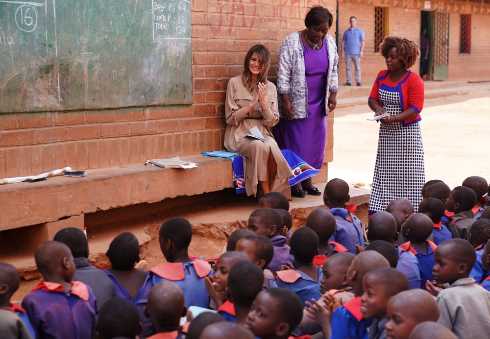 US first lady Melania Trump looks on as she visits a school in Lilongwe, Malawi, on Thursday. — Reuters
