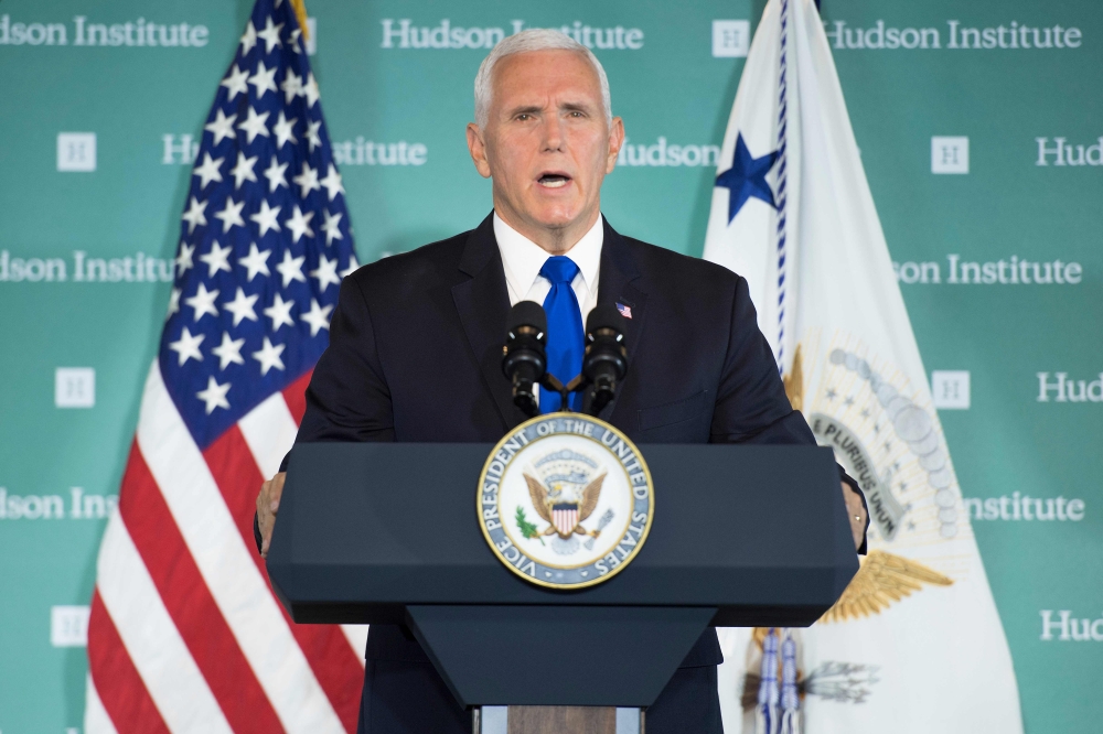 US Vice President Mike Pence addresses the Hudson Institute on the administration’s policy toward China in Washington on Thursday. — AFP