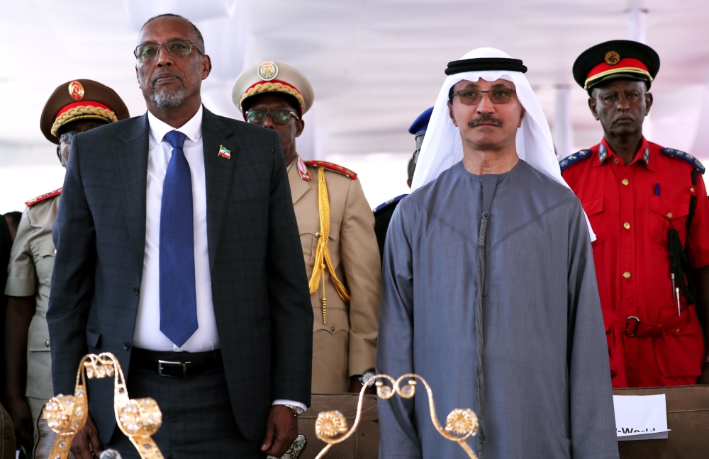 Muse Bihi Abdi, of Somaliland, and Sultan Ahmed Bin Sulayem, chairman and chief executive officer of DP World, attend the signing ceremony of expansion project of Berbera port in Hargeysa, in northern Somalia's semi-autonomous Somaliland region, on Thursday. — Reuters