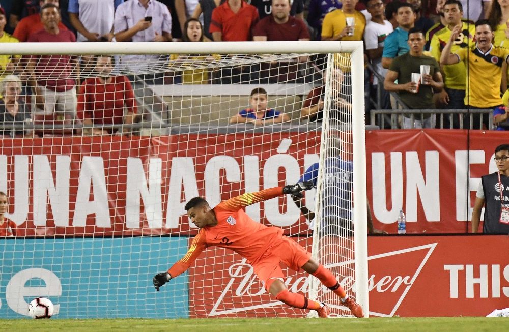 A shot gets past United States goalkeeper Zack Steffen (12)  in the second half against Columbia during an international friendly soccer match at Raymond James Stadium. in Tampa Florida on Thursday. — Reuters