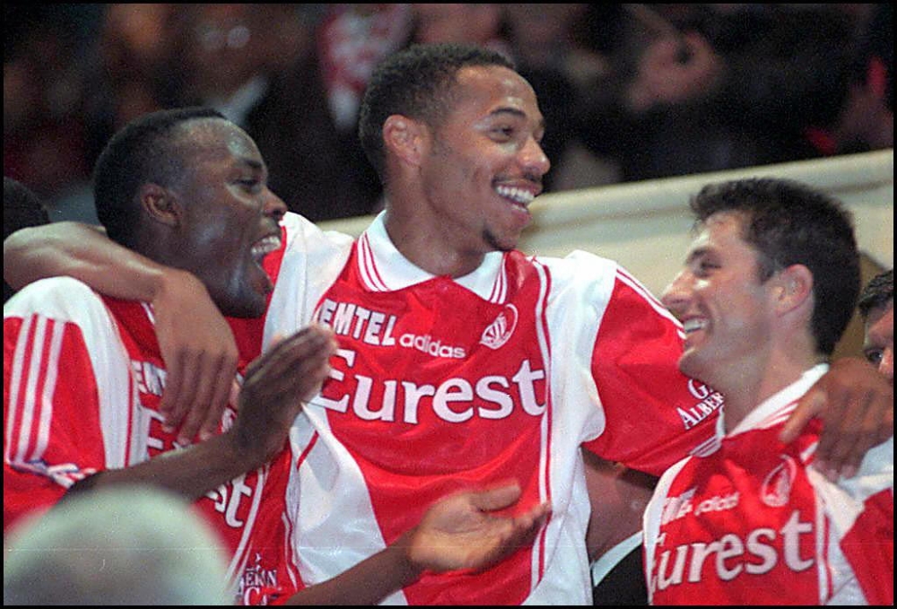 In this file photo, Monaco's players Victor Ikpeba, Thierry Henry and John Collins celebrate after winning the French Ligue 1 championship football match against Caen. Former Arsenal star Thierry Henry was on Saturday named as Monaco coach, the struggling Ligue 1 club announced. — AFP