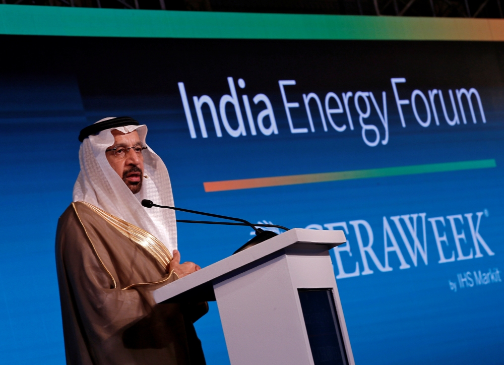 


Saudi Energy Minister Khalid Al-Falih addresses the gathering during India Energy Forum in New Delhi on Monday. — Reuters