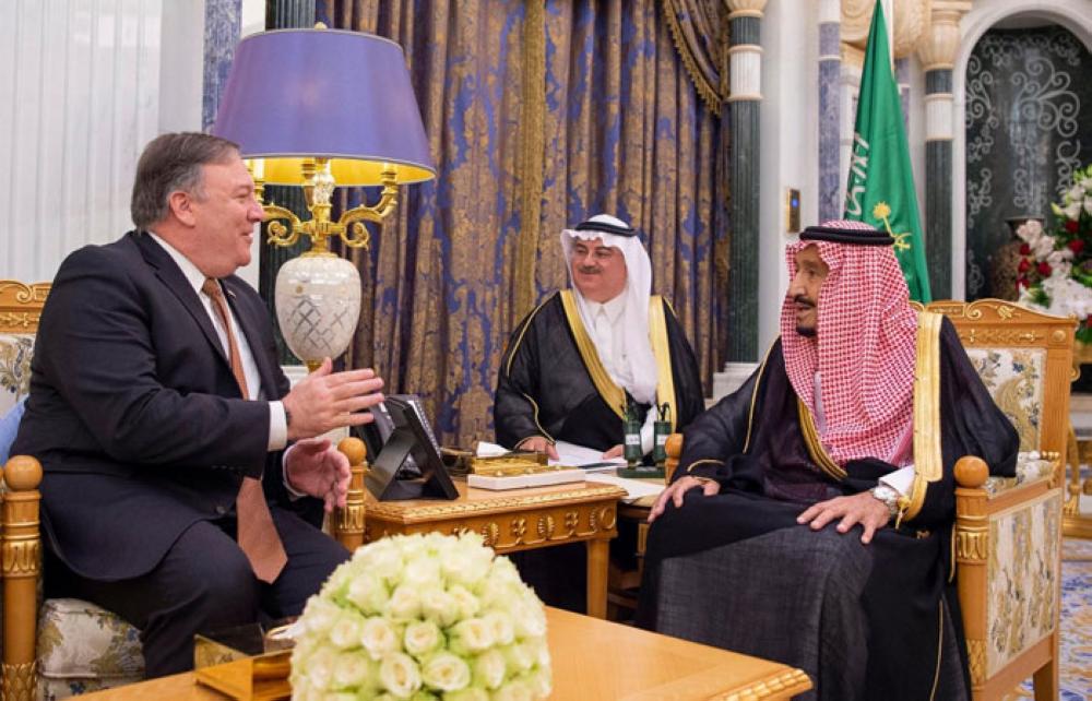 Custodian of the Two Holy Mosques King Salman holds talks with US Secretary of State Mike Pompeo at Al-Yamamah Palace in Riyadh on Tuesday -SPA