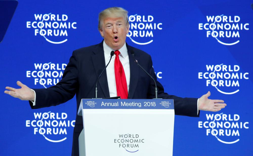 US President Donald Trump gestures as he delivers a speech during the World Economic Forum (WEF) annual meeting in Davos, Switzerland, in this Jan. 26, 2018 file photo. — Reuters