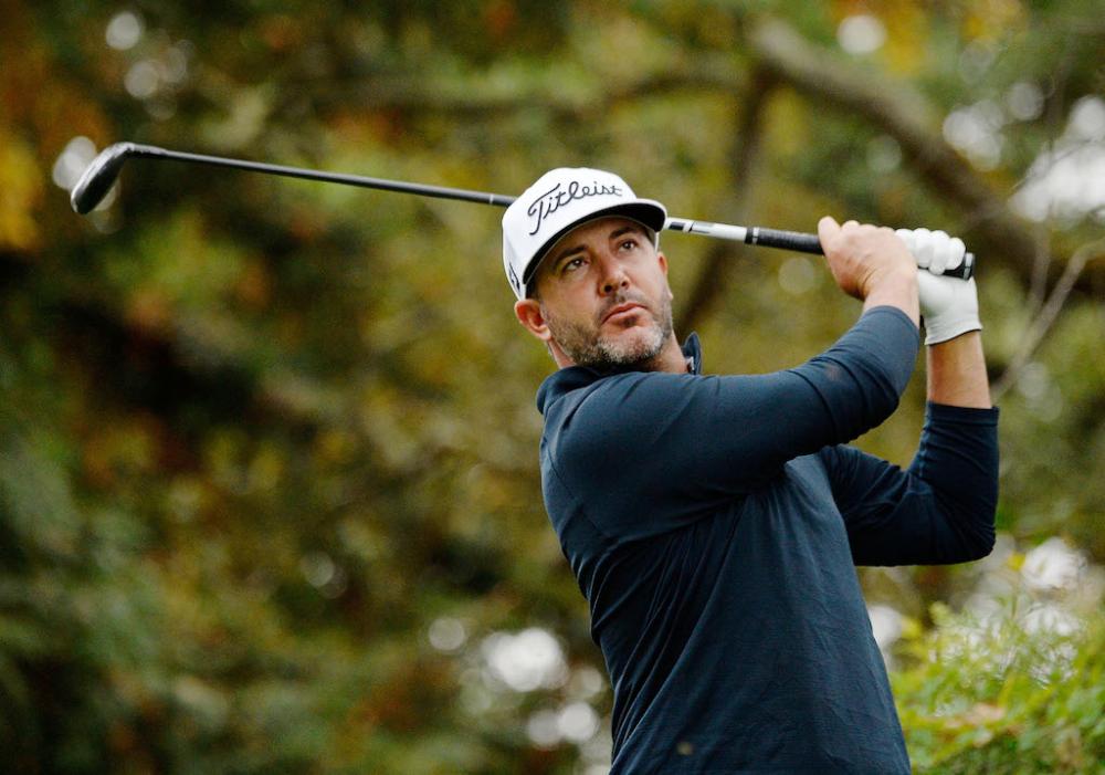 Scott Piercy, seen in this file photo playing his shot from the eighth tee during round one of the Safeway Open at the North Course of the Silverado Resort and Spa in Napa, California, took the second round lead at the CJ Cup at Nine Bridges on Friday. — AFP