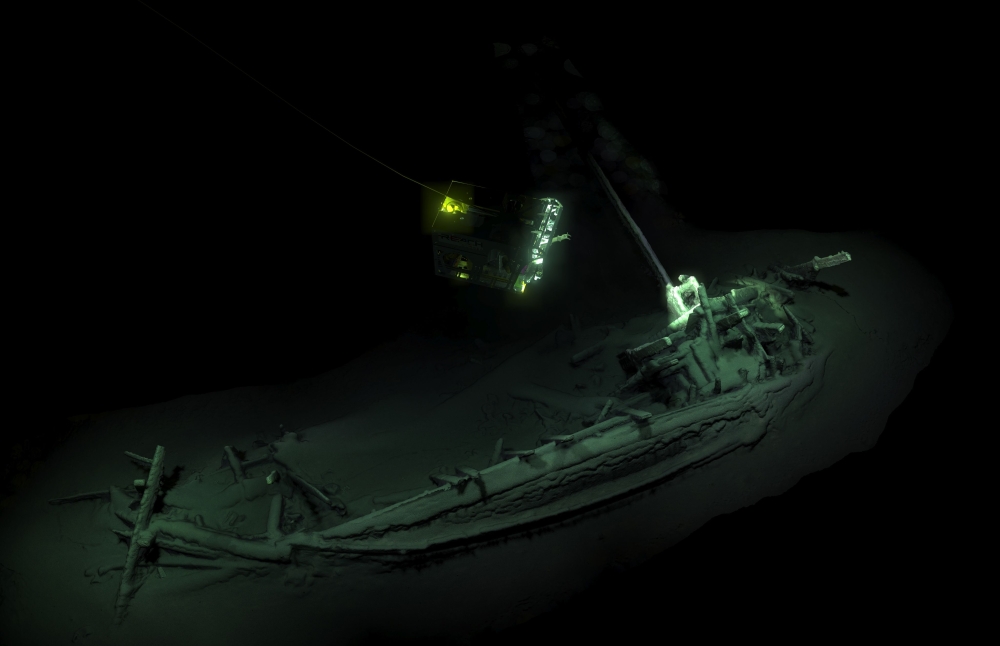 An undated handout picture released by Black Sea MAP/EEF Expeditions in London on Tuesday, shows the remains of an ancient Greek trading ship laying on the sea bed at the bottom of the Black Sea near Bulgaira.  — AFP