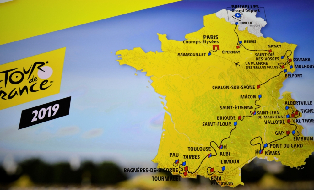A picture taken in Paris on Thursday during the presentation of the 2019 edition of the Tour de France cycling race, shows the map of the official route of the 2019 edition of the Tour de France cycling race displayed on stage.  — AFP