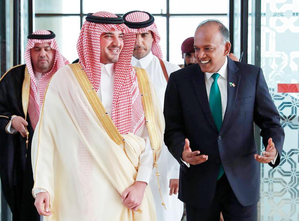 File photo shows Minister of Interior Prince Abdulaziz Bin Saud Bin Naif with Singaporean Minister of Home Affairs and Minister of Law K. Shanmugam during the latter’s visit to the Kingdom in November last year.