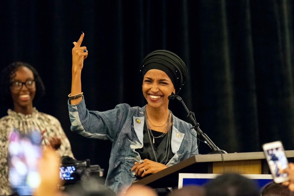 Ilhan Omar, newly elected to the US House of Representatives on the Democratic ticket,  speaks to a group of supporters in Minneapolis, Minnesota, on Tuesday. — AFP