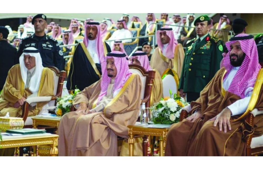 Custodian of the Two Holy Mosques King Salman Bin Abdul Aziz Al Saud, with the Crown Prince Mohammed Bin Salman, along with other royal family members and ministers, attend a public reception hosted by the people of Hail region at Magawat Park.