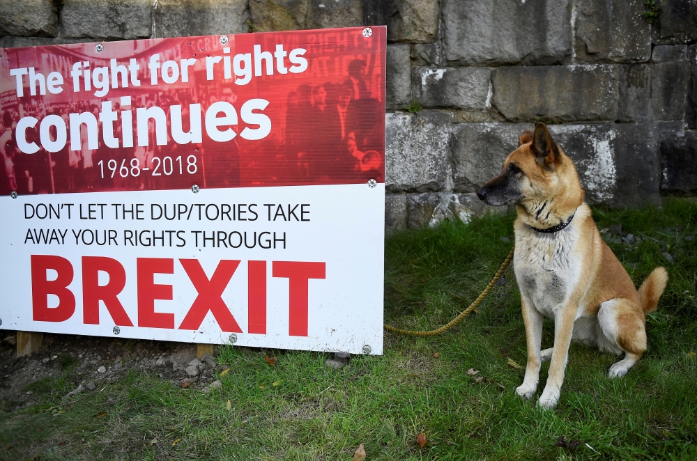 


A dog sits next to an anti-Brexit sign near the border with Ireland in Newry, Northern Ireland. — Reuters