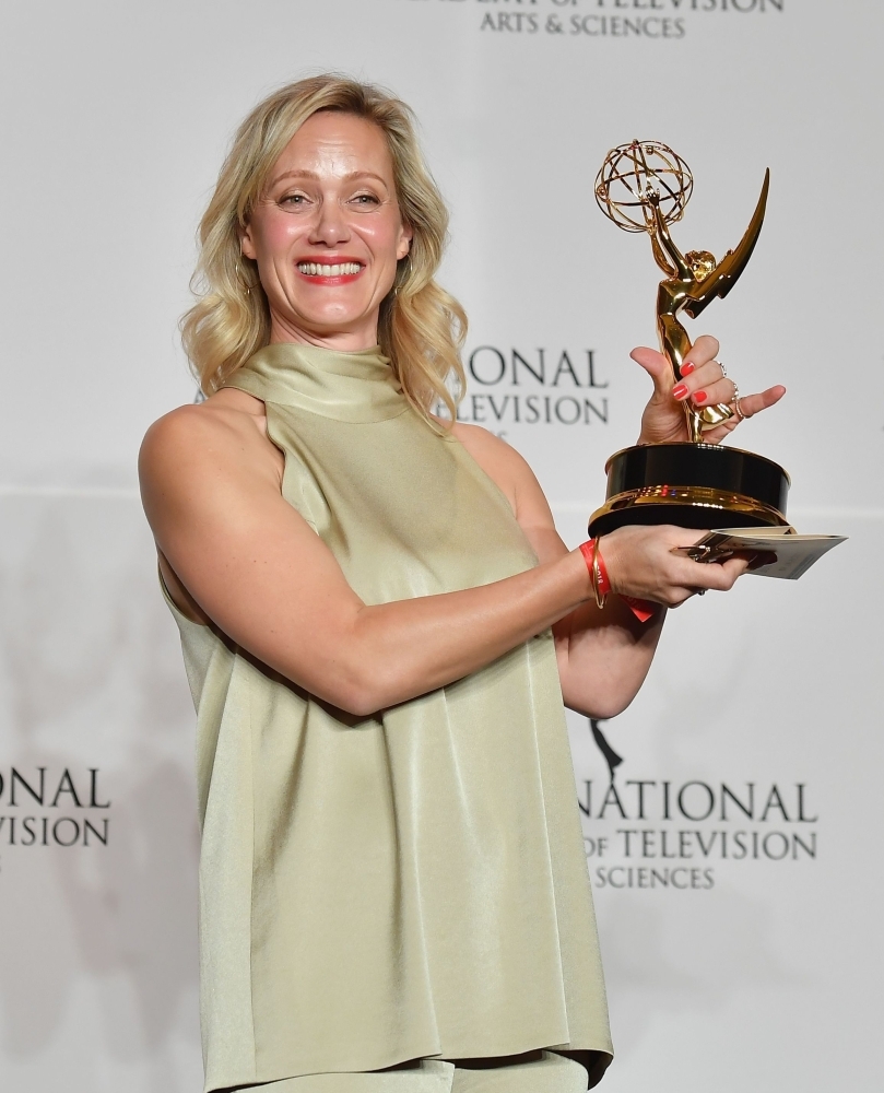 Danish actor Lars Mikkelsen poses with award for Performance by an Actor for his role in Herrens Veje (Ride Upon the Storm) at the International Emmy Awards in Manhattan, New York City. — Reuters