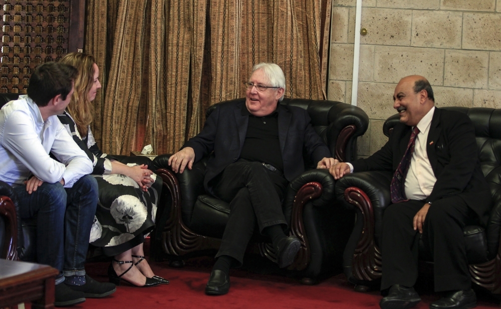 Martin Griffiths (C), the UN special envoy for Yemen, arrives at Sanaa international airport on Wednesday. — AFP