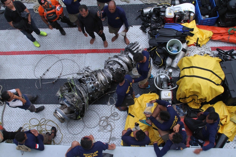 Parts of an engine of the ill-fated Lion Air flight JT 610 are recovered from the sea during search operations in the Java Sea, north of Karawang, Indonesia, in this Nov. 3, 2018 file photo. — AFP