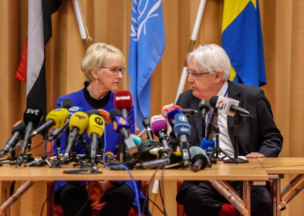 Swedish Foreign Minister Margot Wallstrom and UN envoy to Yemen Martin Griffiths attend the opening press conference on UN-sponsored peace talks for Yemen at Johannesberg castle, in Rimbo, Sweden on Thursday. — Reuters