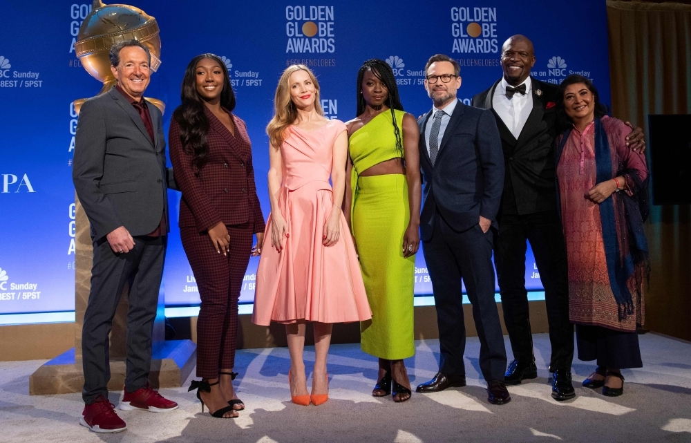 (L-R) Executive Producer and Executive Vice President of Television at Dick Clark Productions Barry Adelman, Golden Globe Ambassador Isan Elba, actors Leslie Mann, Danai Gurira, Christian Slater, Terry Crews and Hollywood Foreign Press Association President Meher Tatna attend the 76th Annual Golden Globe Awards nominations announcement in Beverly Hills, California, on Thursday. — AFP