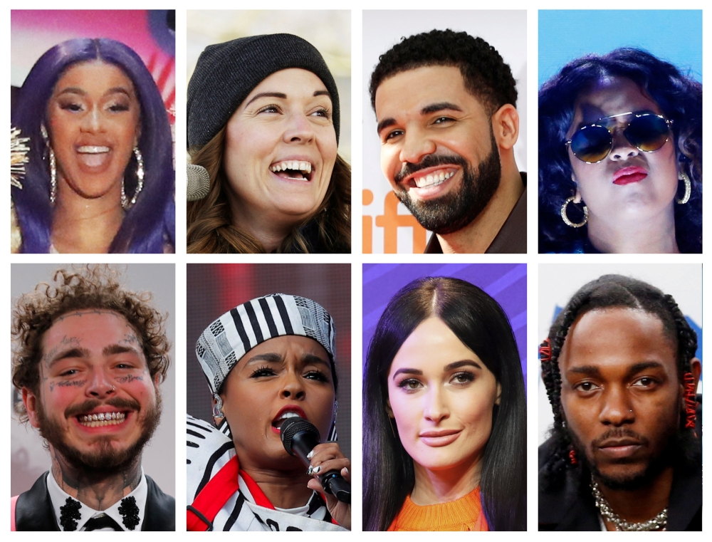 Grammy Award nominations in Album of the Year category includes artists in this combination photo; (Top L-R) Cardi B, Brandi Carlile, Drake and H.E.R., (Bottom L-R) Post Malone, Janelle Monae, Kacey Musgraves and Kendrick Lamar, in file photos. — Reuters