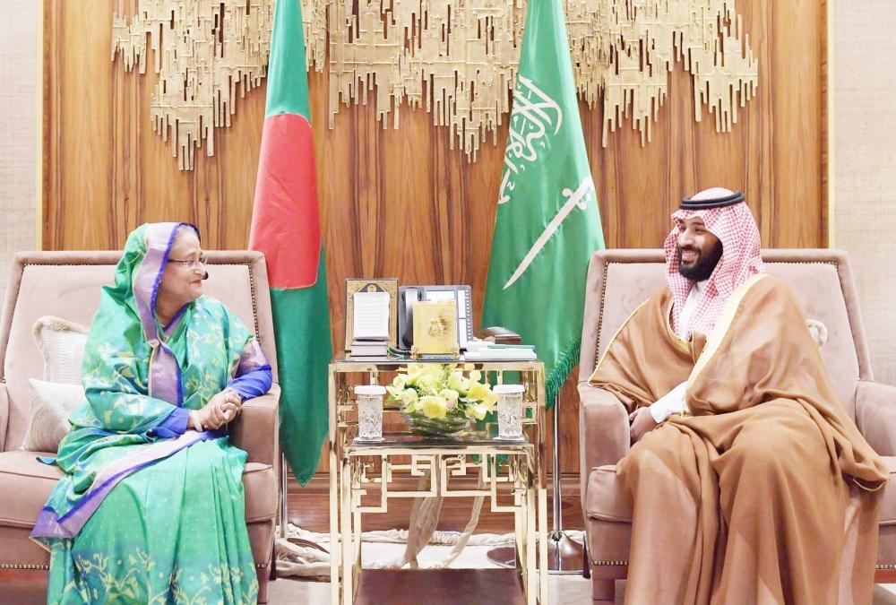 
Crown Prince Muhammad Bin Salman, deputy premier and minister of defense, with Bangladesh Prime Minister Sheikh Hasina during her visit to the Kingdom in October.