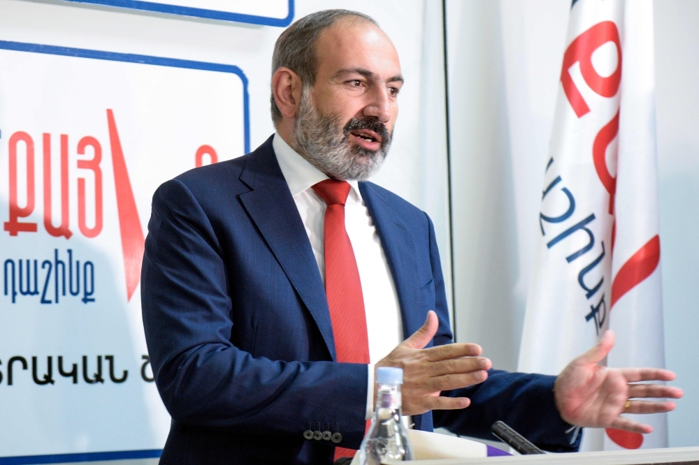 Armenia’s acting Prime Minister Nikol Pashinyan meets with the media in Yerevan early on Monday. — AFP