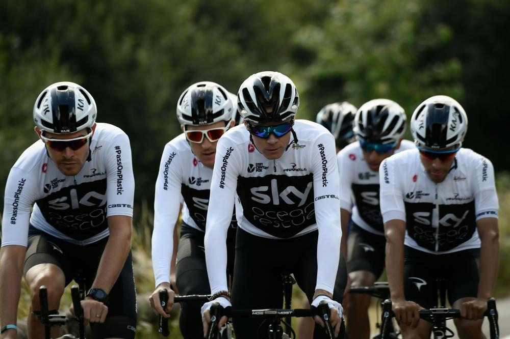 


In this file photo taken on July 06, 2018 Great Britain’s Christopher Froome (front C), Great Britain’s Luke Rowe (L), Great Britain’s Geraint Thomas (2nd L rear) and their Great Britain’s Team Sky cycling team teammates ride during a training session near Saint-Mars la Reorthe, western France. — AFP 