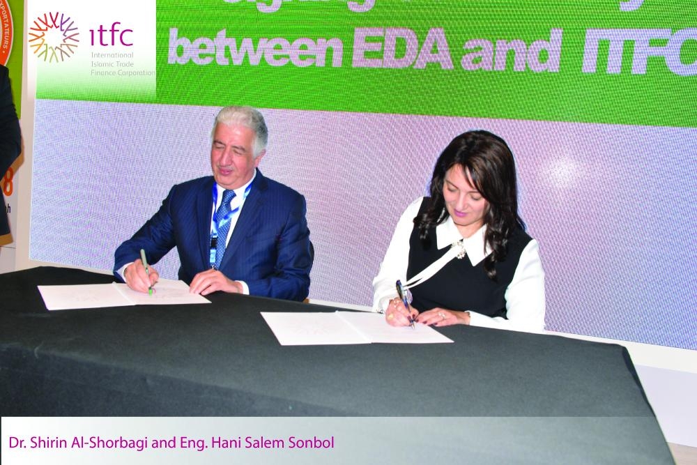 


Eng. Hani Salem Sonbol, CEO of ITFC, and Dr. Shirin Al-Shorbagi, Chairperson of EDA, sign the MoU
