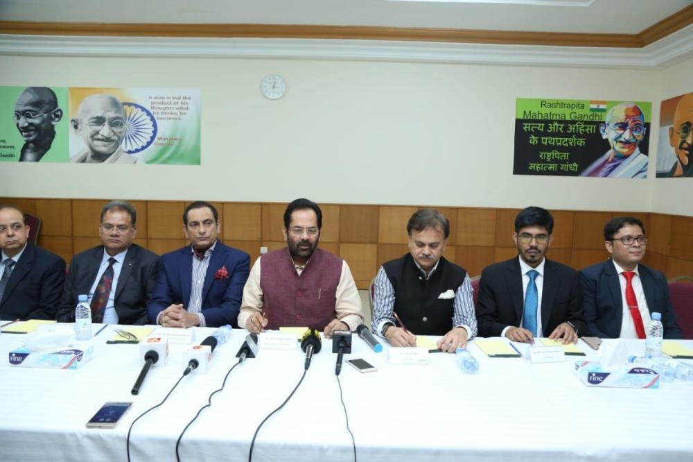 


India’s Minister of Minority Affairs Mukhtar Abbas Naqvi addressing a press conference in Jeddah.