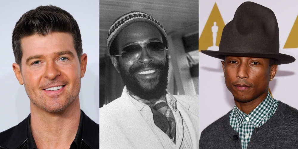 A combination of file photos shows (From L) US-Canadian singer Robin Thicke, US singer Marvin Gaye, and US recording artist Pharrell Williams.  A long-running copyright dispute over the smash hit 