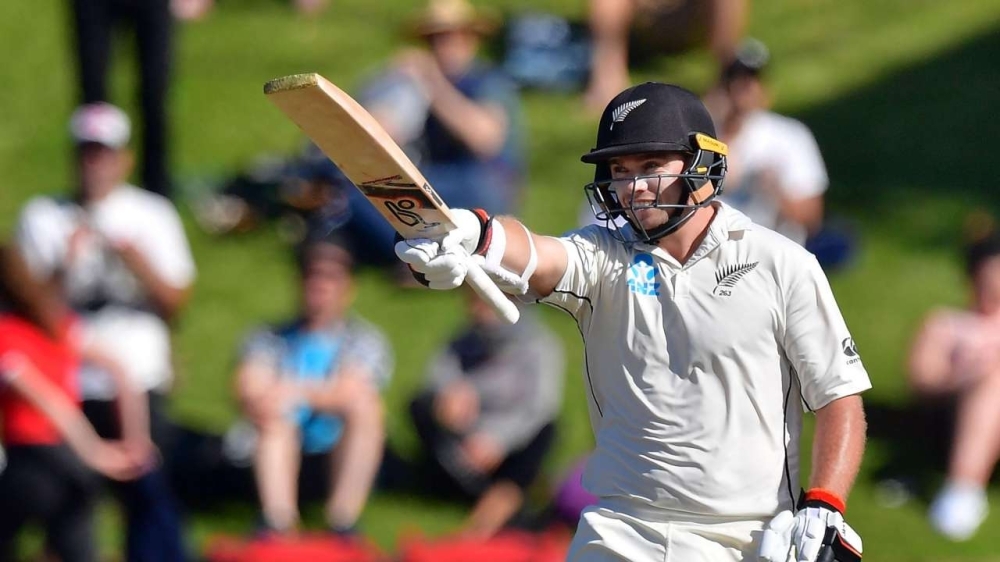 


New Zealand’s Tom Latham celebrates reaching 250 runs during day three of the first cricket Test match against Sri Lanka in Wellington Monay. — AFP