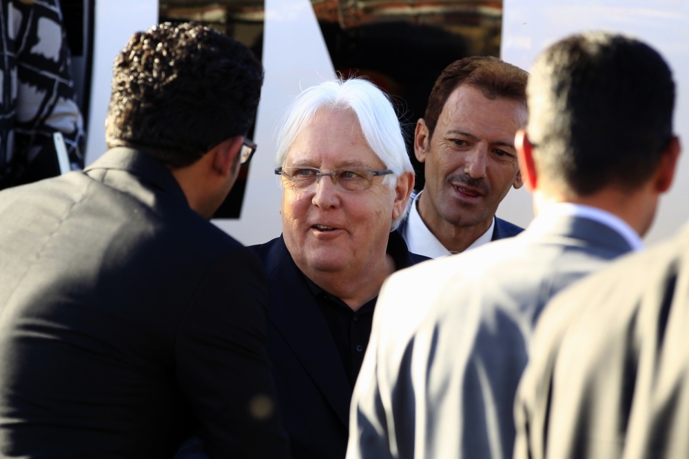 Martin Griffiths, center, the UN special envoy for Yemen, descends from his plane upon his arrival at Sanaa international airport in this Jan. 5, 2019 file photo. — AFP