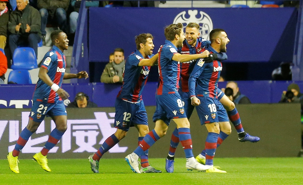 Levante's Erick Cabaco celebrates scoring their first goal with teammates during the Copa del Rey Round of 16 First Leg match against Barcelona at the Ciutat de Valencia, Valencia, Spain, on Thursday. — Reuters