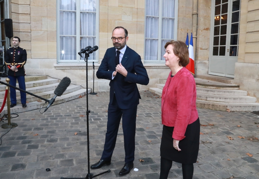 French Prime Minister Edouard Philippe, flanked by French Minister attached to the Foreign Affairs Minister Nathalie Loiseau, right, speaks to medias after a meeting on the preparation of France for Brexit, the Britain’s exit from the European Union, at Hotel Matignon in Paris, on Thursday. — AFP
