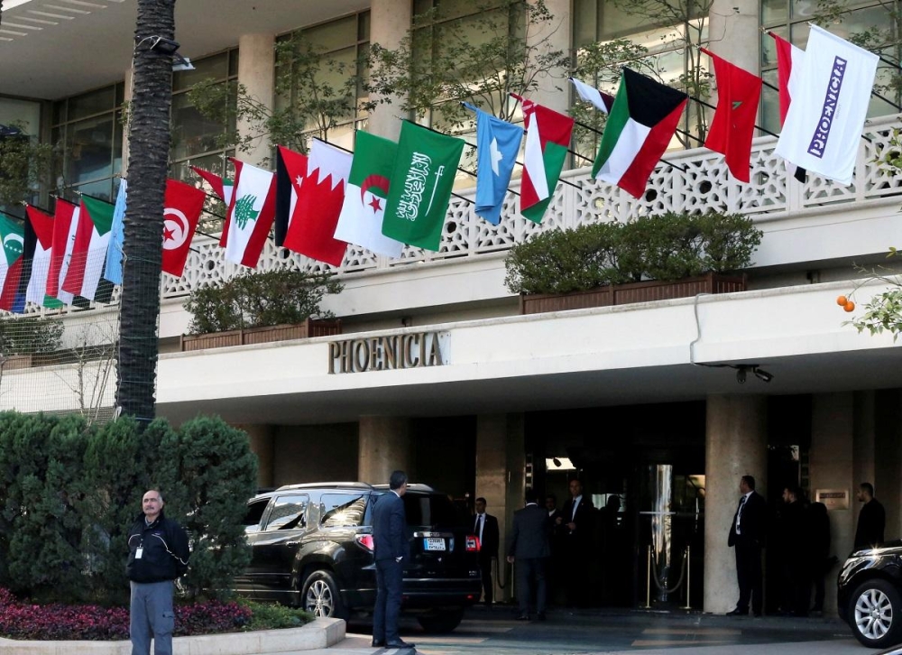 Flags of Arab League member countries on display at Beirut's Phoenicia Hotel, Lebanon on Saturday. — Reuters