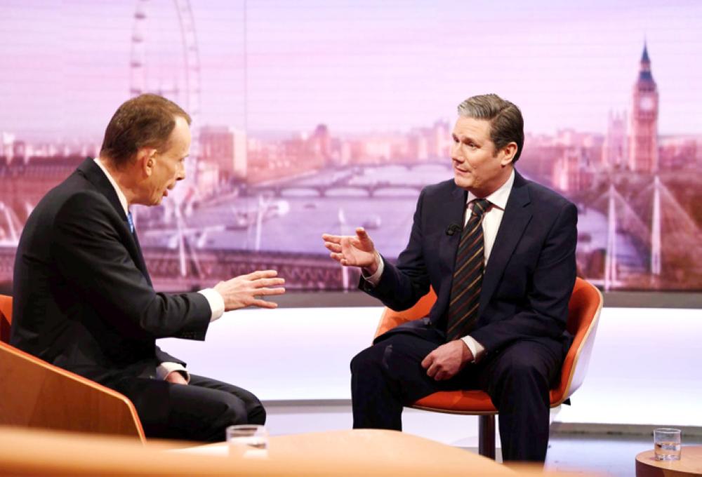  Keir Starmer, Britain’s Shadow Secretary of State for Exiting the European Union, appears on BBC TV’s The Andrew Marr Show in London, Sunday. — Reuters 