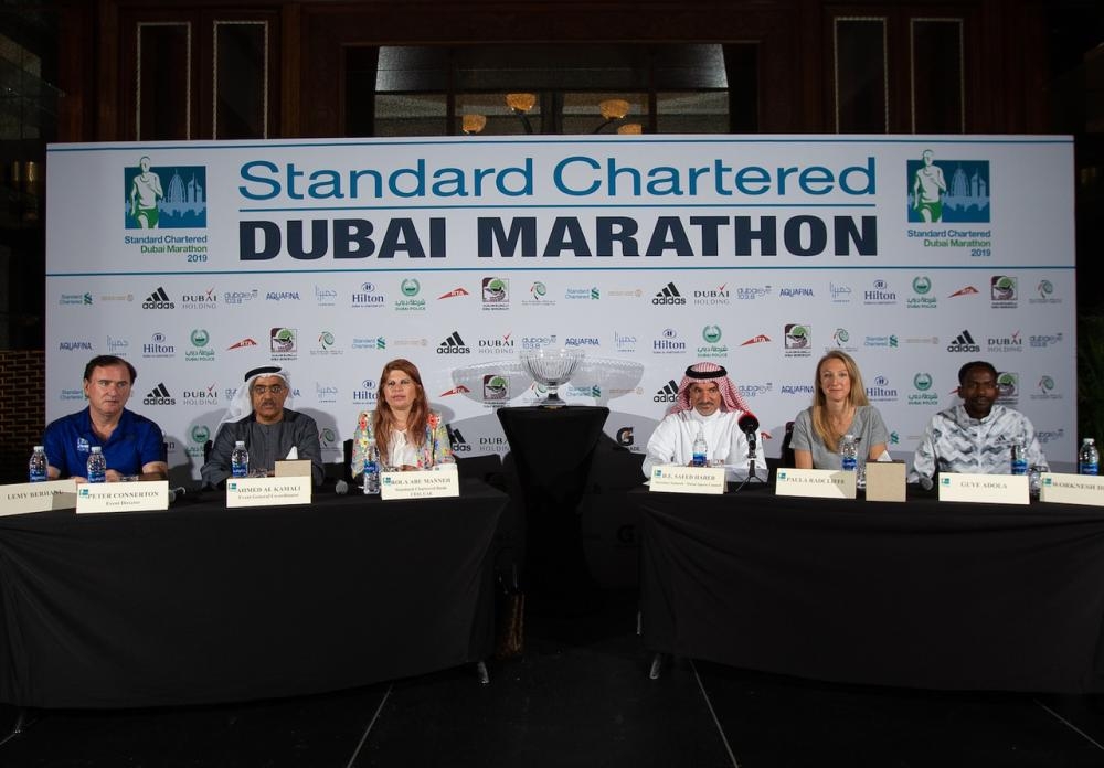 
(L-R) Peter Connerton (event director), Ahmed Al Kamali (event general co-ordinator) Rola Abu Manneh (Standard Chartered Bank UAE, CEO), Saeed Hareb (secretary general, Dubai Sports Council), athlete and broadcaster Paula Radcliffe, and Guye Adola, the fastest man in the line-up for Friday’s race at the press conference.