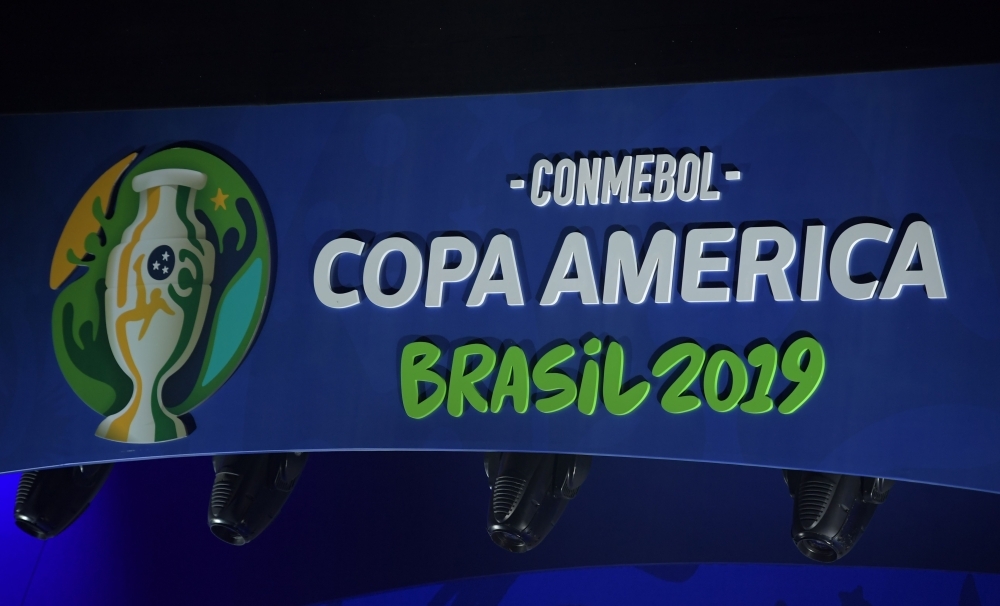 The logo of the 2019 Copa America is displayed during the draw of the football tournament in Rio de Janeiro, Brazil, on Thursday. The 2019 Copa America will be held in Brazil between June 14 and July 7.  — AFP