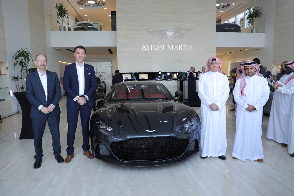 From right: Prince Khalid Bin Sultan Al Abdullah Al Faisal, Sheikh Ali Hussein Alireza, Dan Balmer beside the DBS Superleggera

