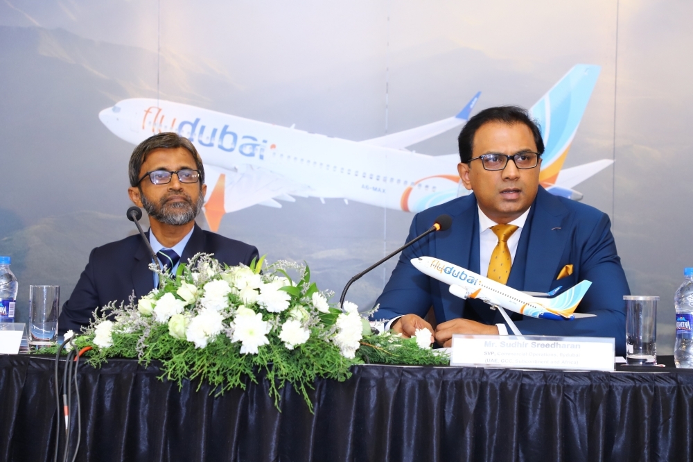 Sudhir Sreedharan, Senior Vice President, Commercial Operations (UAE, GCC, Subcontinent and Africa) at flydubai, and K Srinivasa Rao, Director of Calicut International Airport, during the press conference