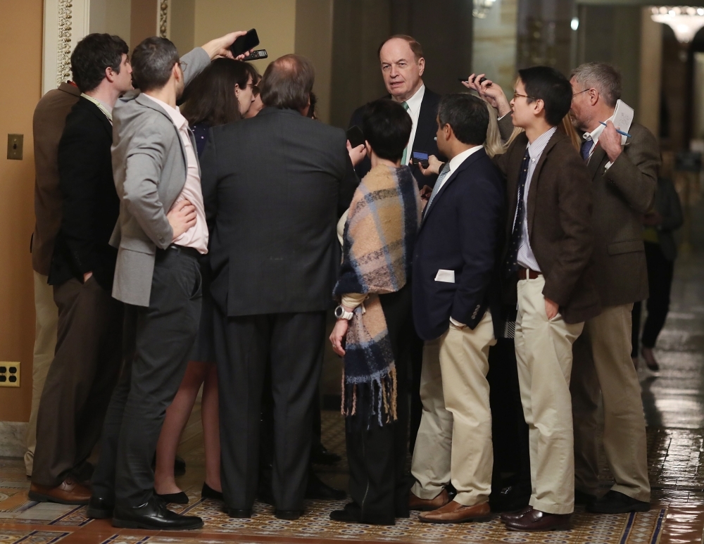 Sen. Richard Shelby talks to reporters during a break in a bipartisan negotiation meeting over securing the US southern border and keeping the US government from shutting down, on Capitol Hill in Washington, on Monday. — AFP