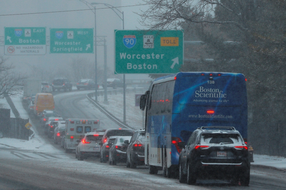 Vehicles back up on an on-ramp to the Massachusetts Turnpike during a winter snow storm in Boston, Massachusetts, in this Feb. 12, 2019 file photo. — Reuters