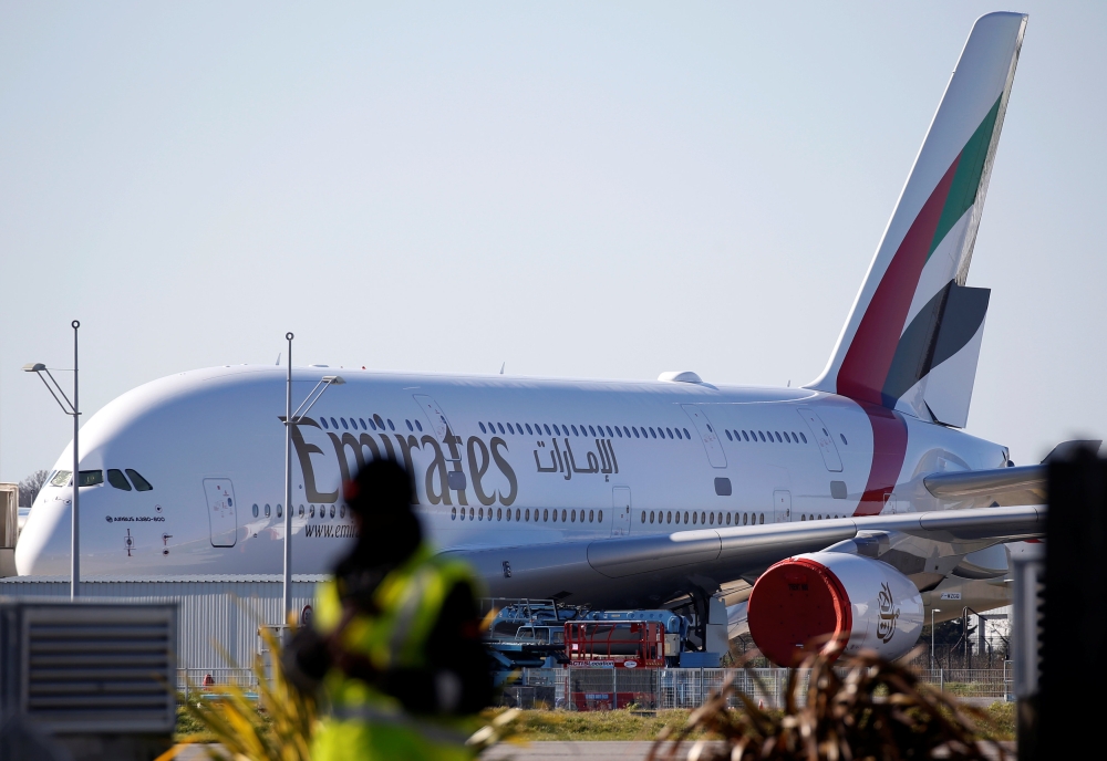 An Emirates Airlines Airbus A380-800 plane is seen outside the Airbus A380 final assembly line site at Airbus headquarters in Blagnac, near Toulouse, France. — Reuters
