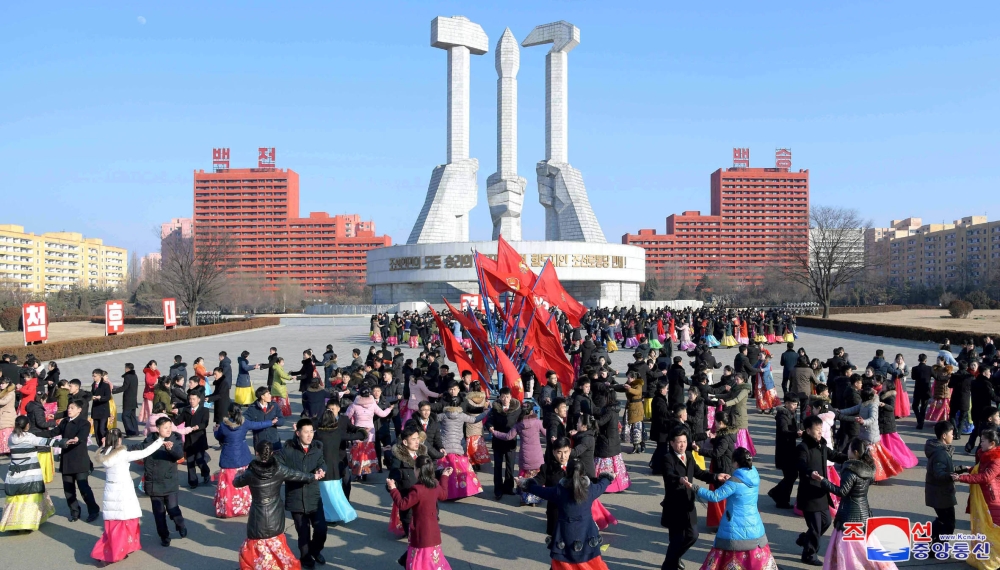 Dancing parties of youth and students take place to celebrate the Day of the Shining Star, the birth anniversary of former North Korean leader Kim Jong Il in Pyongyang, Saturday. — Reuters