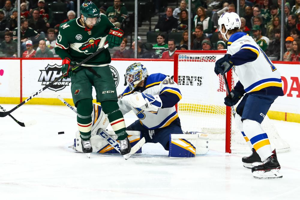 St. Louis Blues’ goaltender Jordan Binnington makes a save in the second period against the Minnesota Wild during their NHL game at Xcel Energy Center in Saint Paul Sunday. — Reuters 