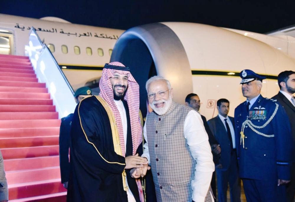 Crown Prince Muhammad Bin Salman, deputy premier and minister of defense, being received by Indian Prime Minister Narendra Modi at Air Force Station Palam airport in New Delhi on Tuesday evening. — Courtesy photo