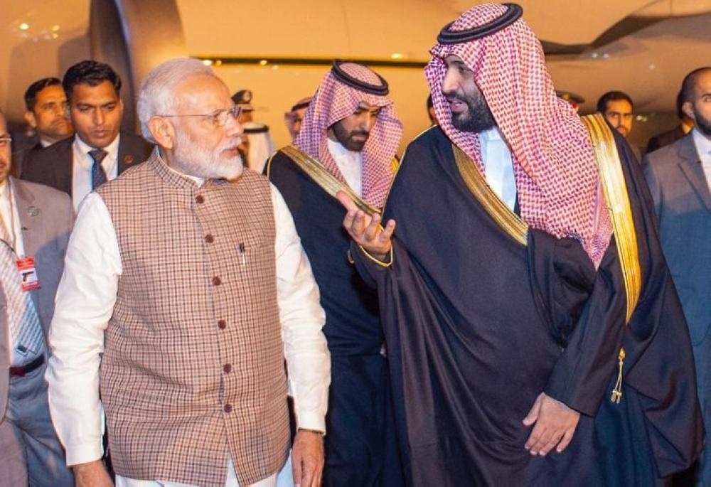 Crown Prince Muhammad Bin Salman, deputy premier and minister of defense, being received by Indian Prime Minister Narendra Modi at Air Force Station Palam airport in New Delhi on Tuesday evening. — Courtesy photo