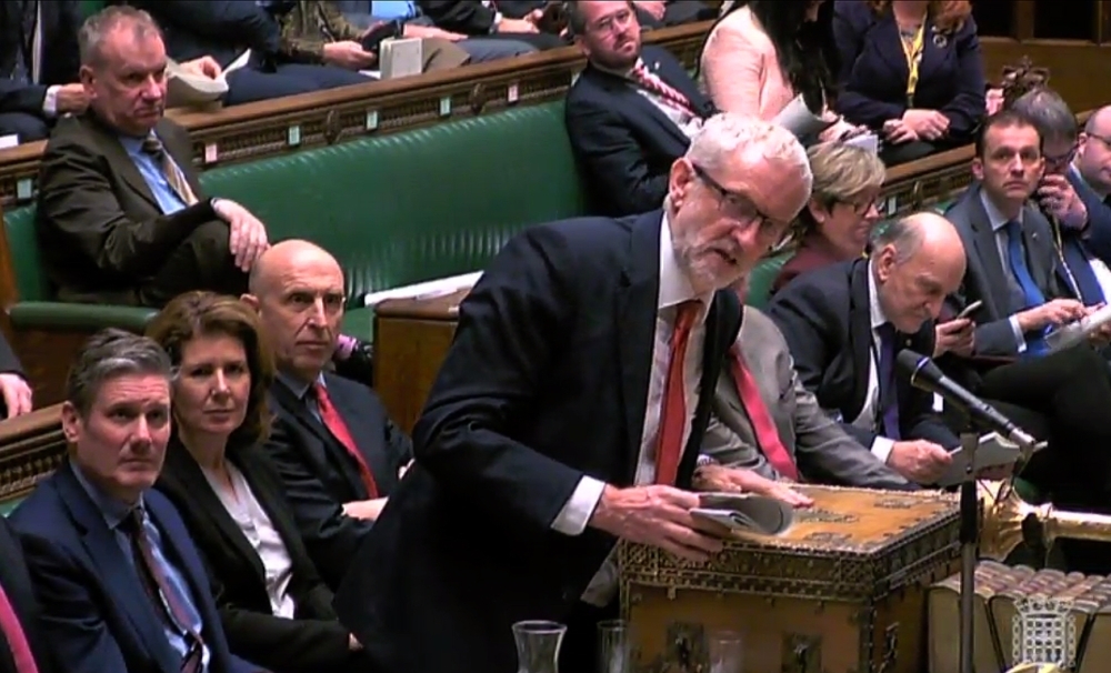 A video grab from footage broadcast by the UK Parliament’s Parliamentary Recording Unit (PRU) shows Britain’s opposition Labour party leader Jeremy Corbyn moving his party’s amendment to to Theresa May’s Brexit withdrawal bill, ahead of a vote, in House of Commons in London on Wednesday. — AFP