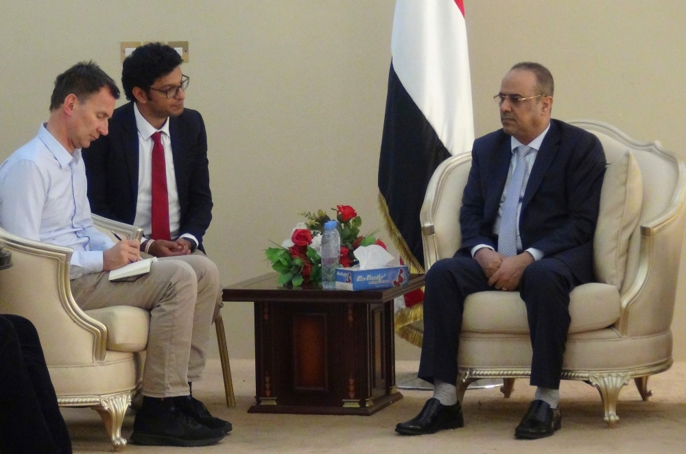 British Foreign Secretary Jeremy Hunt (L) meets with Ahmed Al-Maysari (R), Yemen's Interior Minister, in Aden on Sunday. — AFP